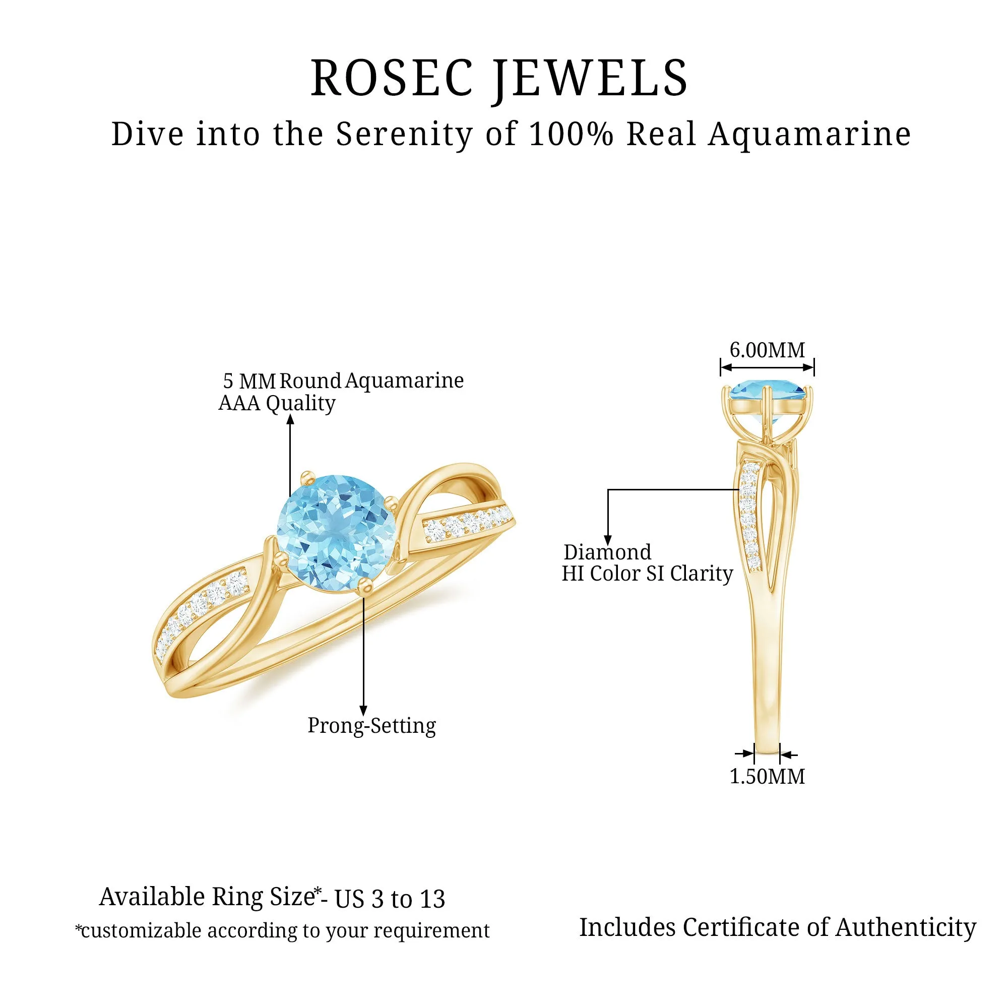 1/2 CT Two Tone Solitaire Infinity Ring with Aquamarine and Diamond