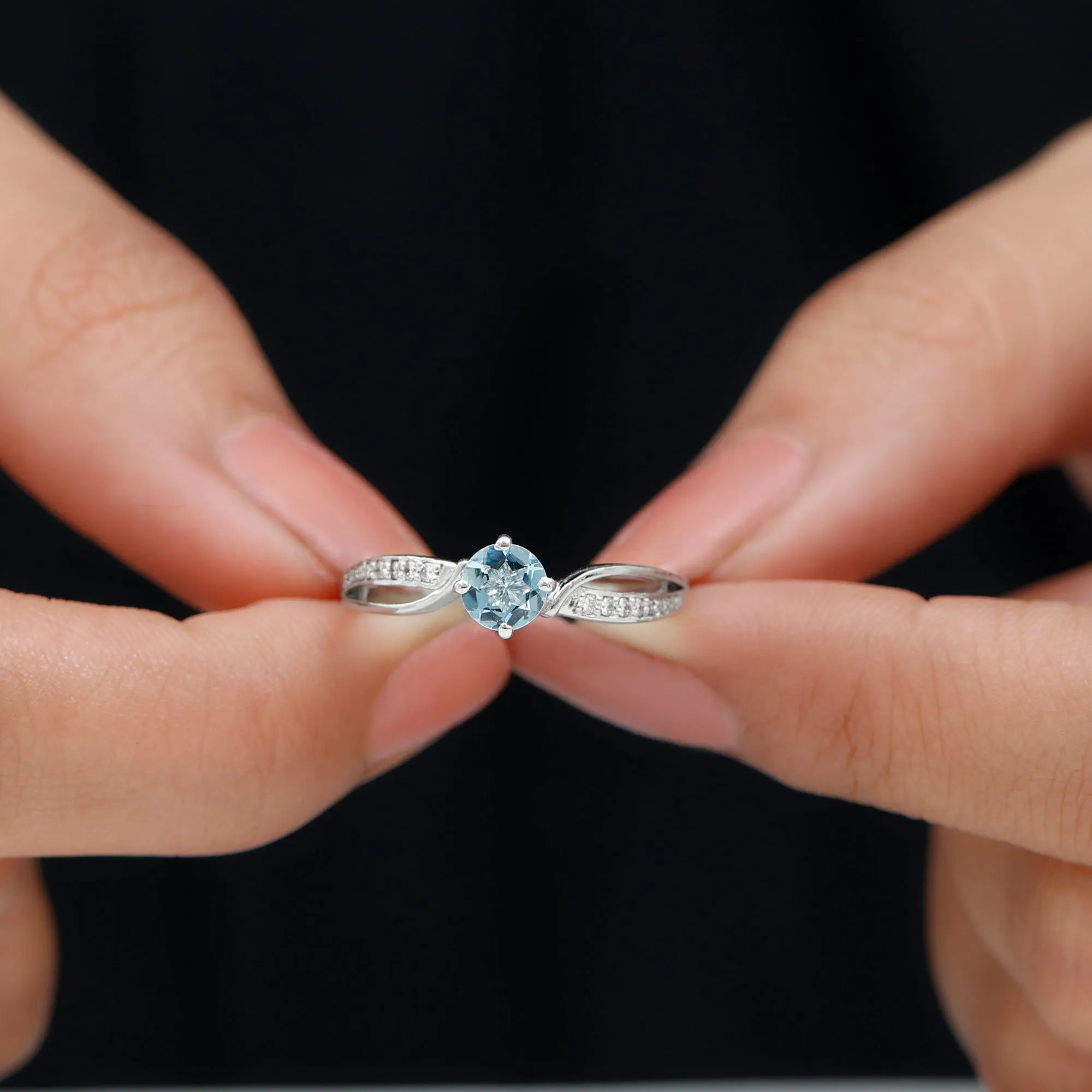 1/2 CT Two Tone Solitaire Infinity Ring with Aquamarine and Diamond