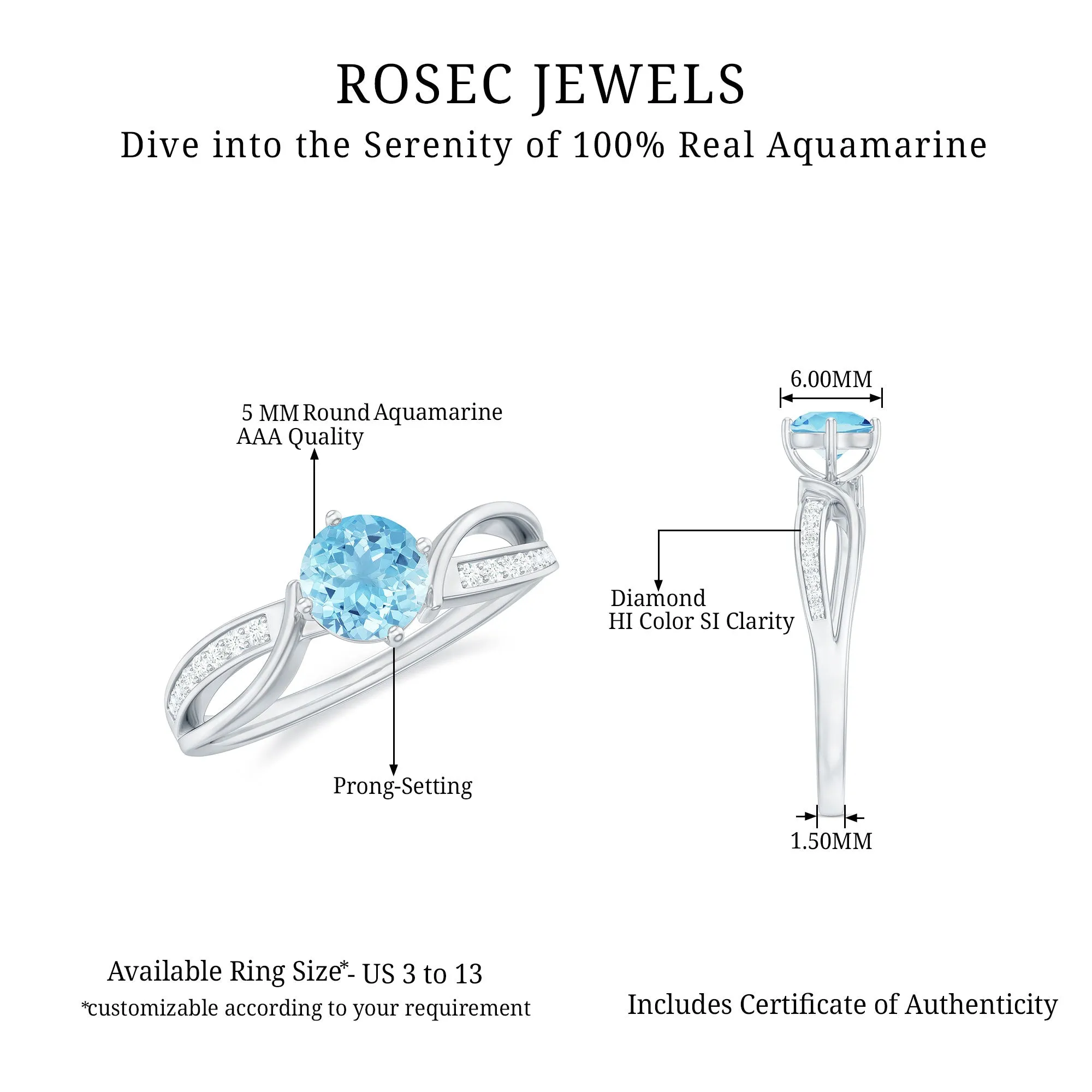 1/2 CT Two Tone Solitaire Infinity Ring with Aquamarine and Diamond