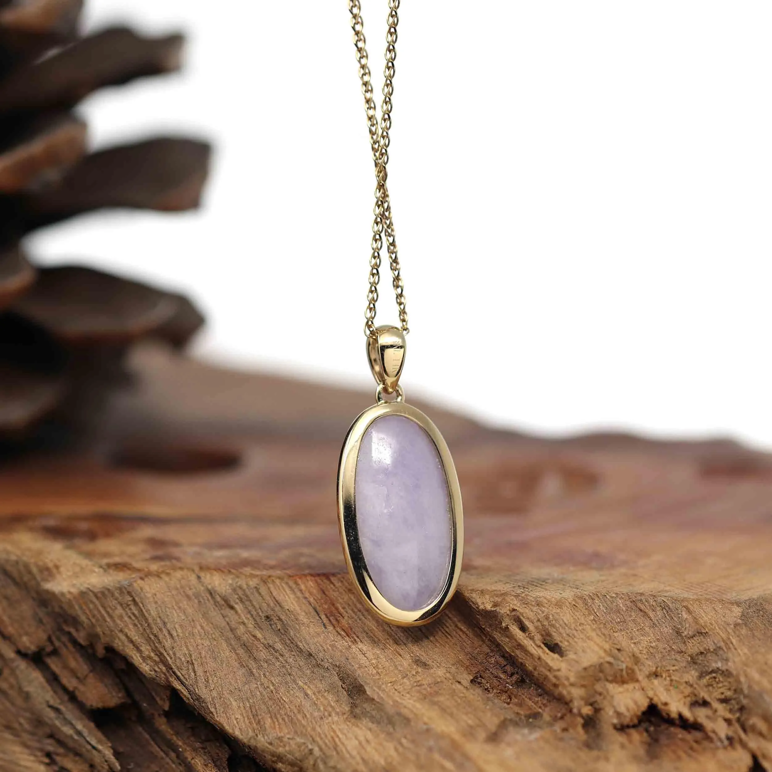 14K Gold Natural Lavender Burmese Jadeite Cabochon Necklace