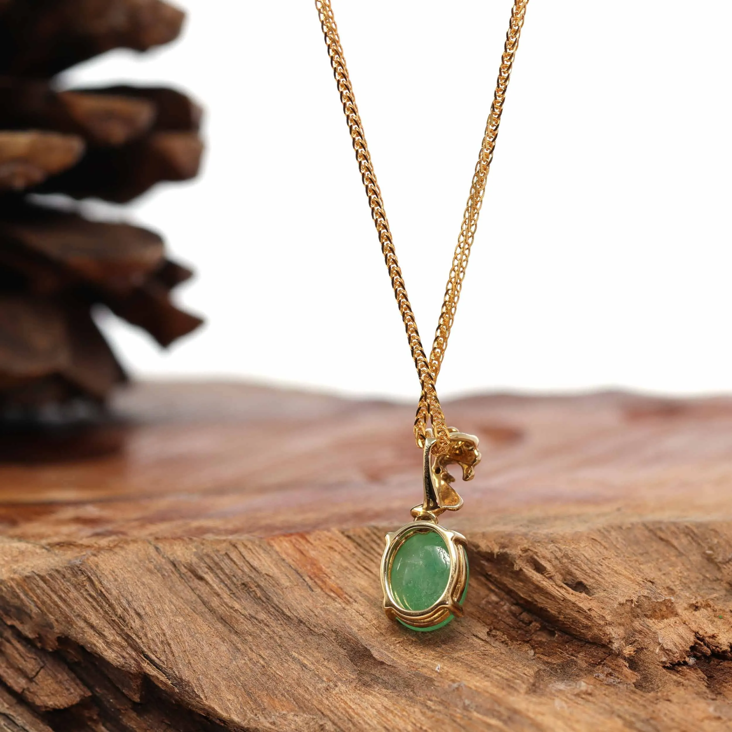 18K Yellow Gold "Ginkgo Leaf" Oval Apple Green Jadeite Jade Cabochon Necklace with Diamonds