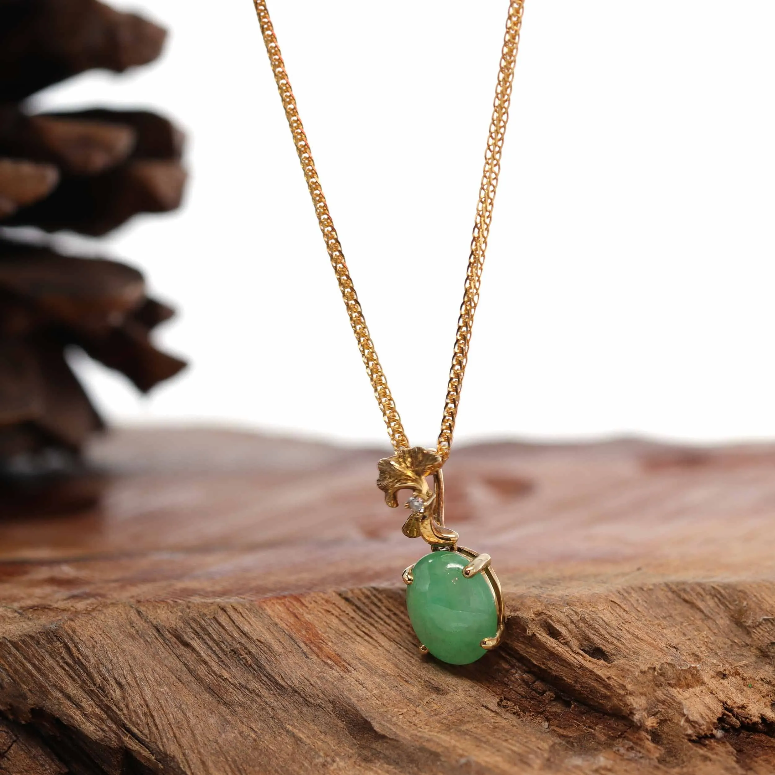 18K Yellow Gold "Ginkgo Leaf" Oval Apple Green Jadeite Jade Cabochon Necklace with Diamonds