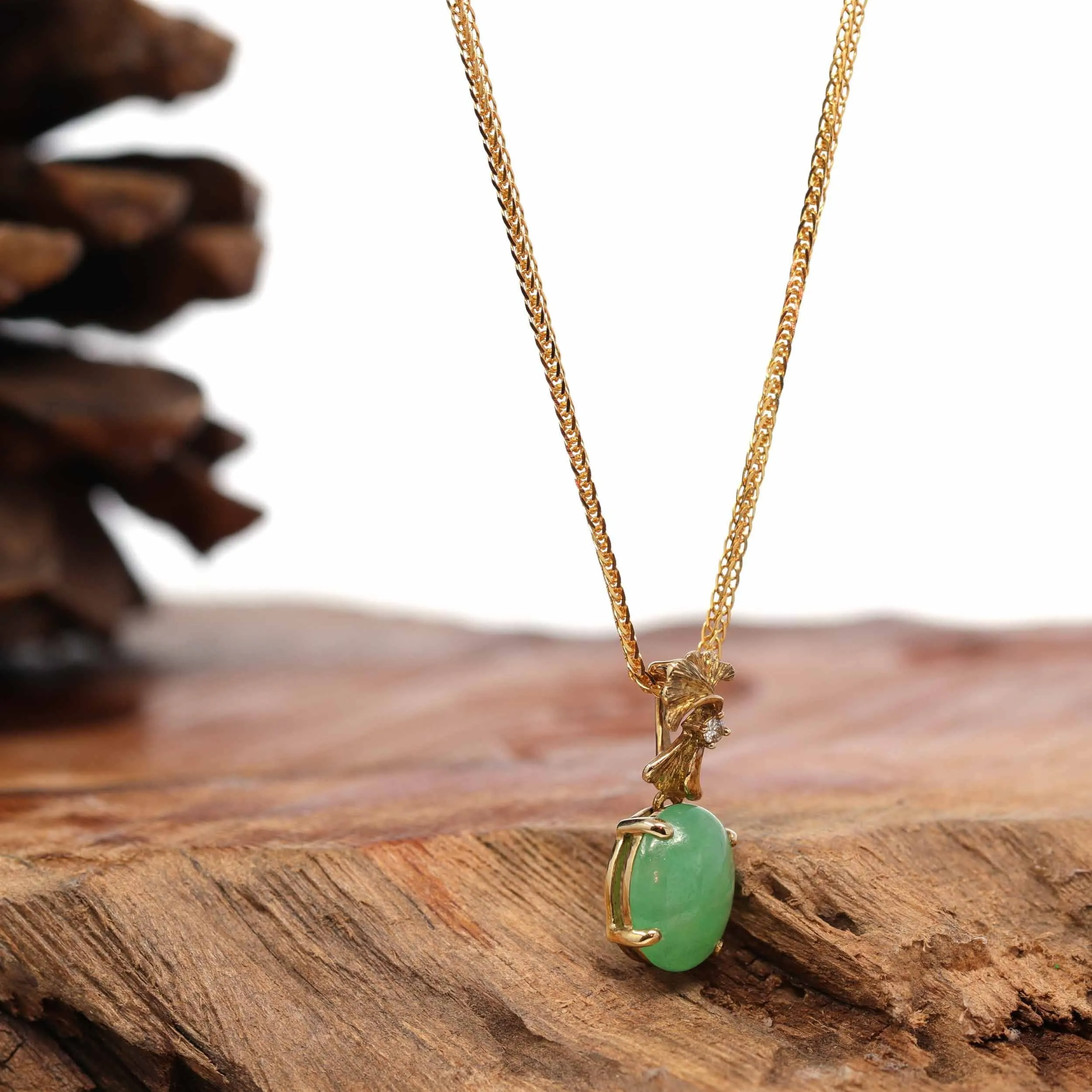 18K Yellow Gold "Ginkgo Leaf" Oval Apple Green Jadeite Jade Cabochon Necklace with Diamonds