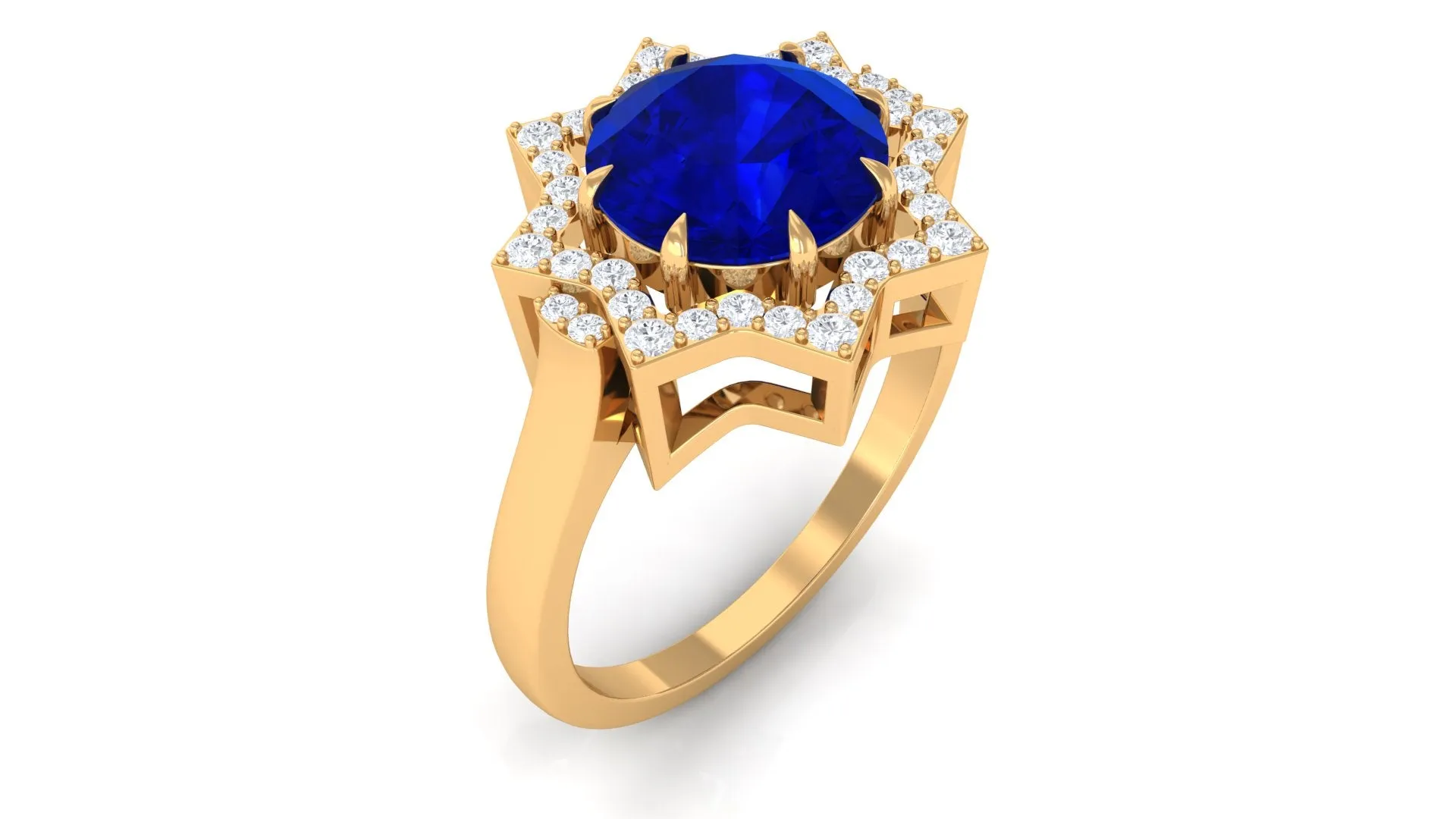 3.25 CT Created Blue Sapphire Star Shape Engagement Ring with Diamond