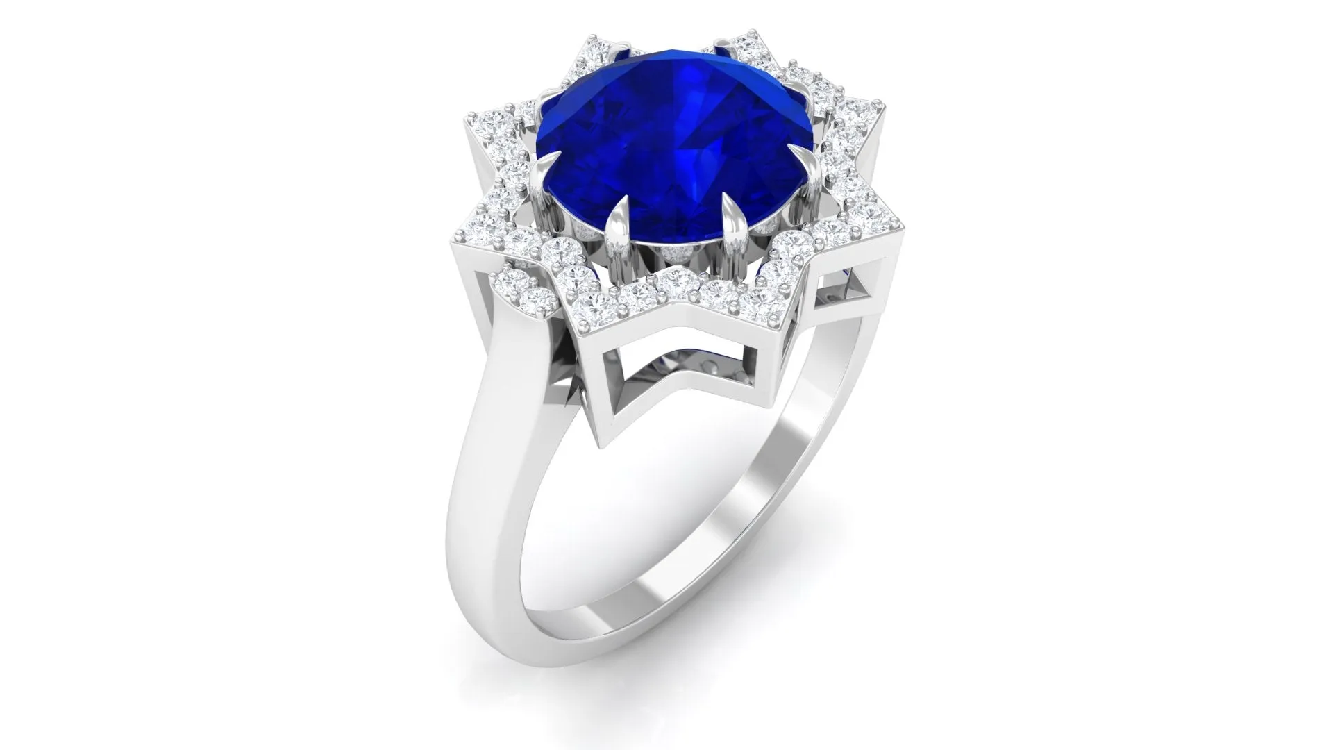3.25 CT Created Blue Sapphire Star Shape Engagement Ring with Diamond