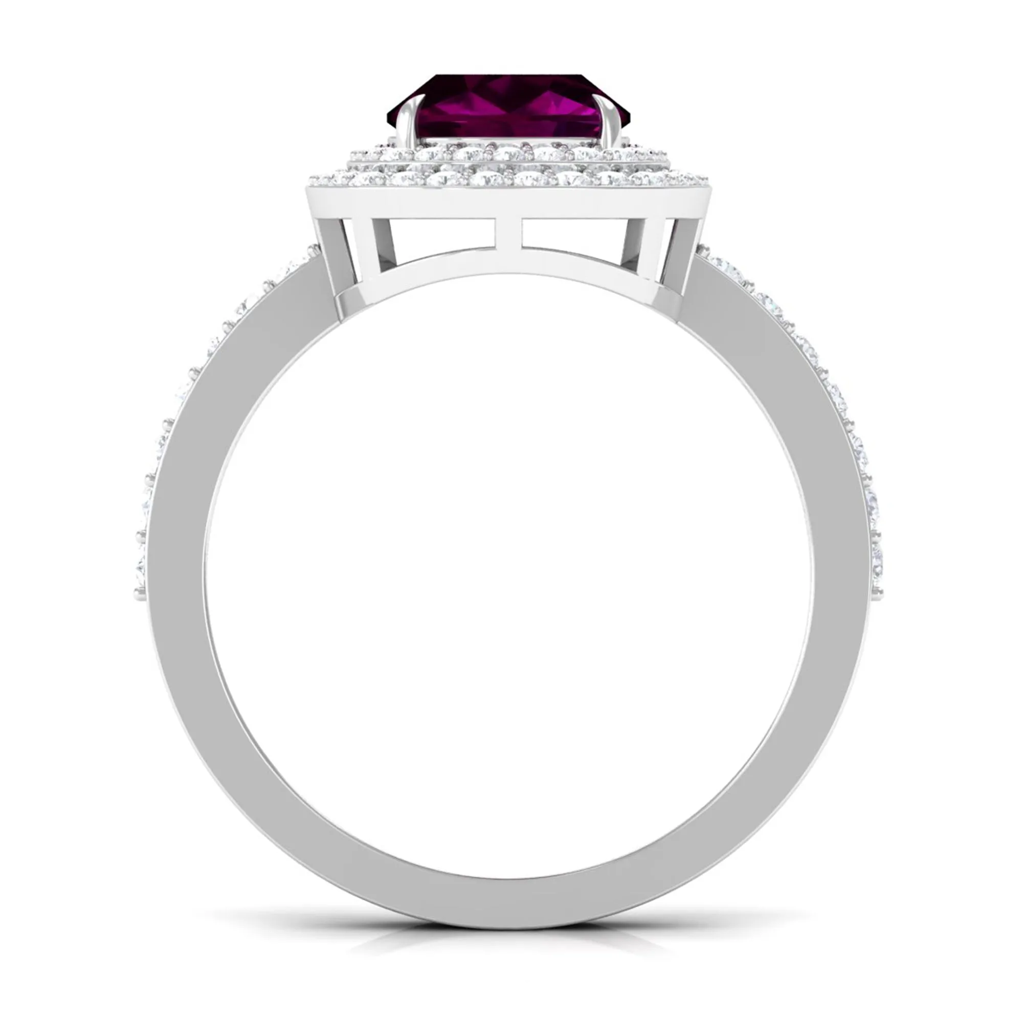 3.25 CT Cushion Shape Rhodolite Engagement Ring with Moissanite Double Halo