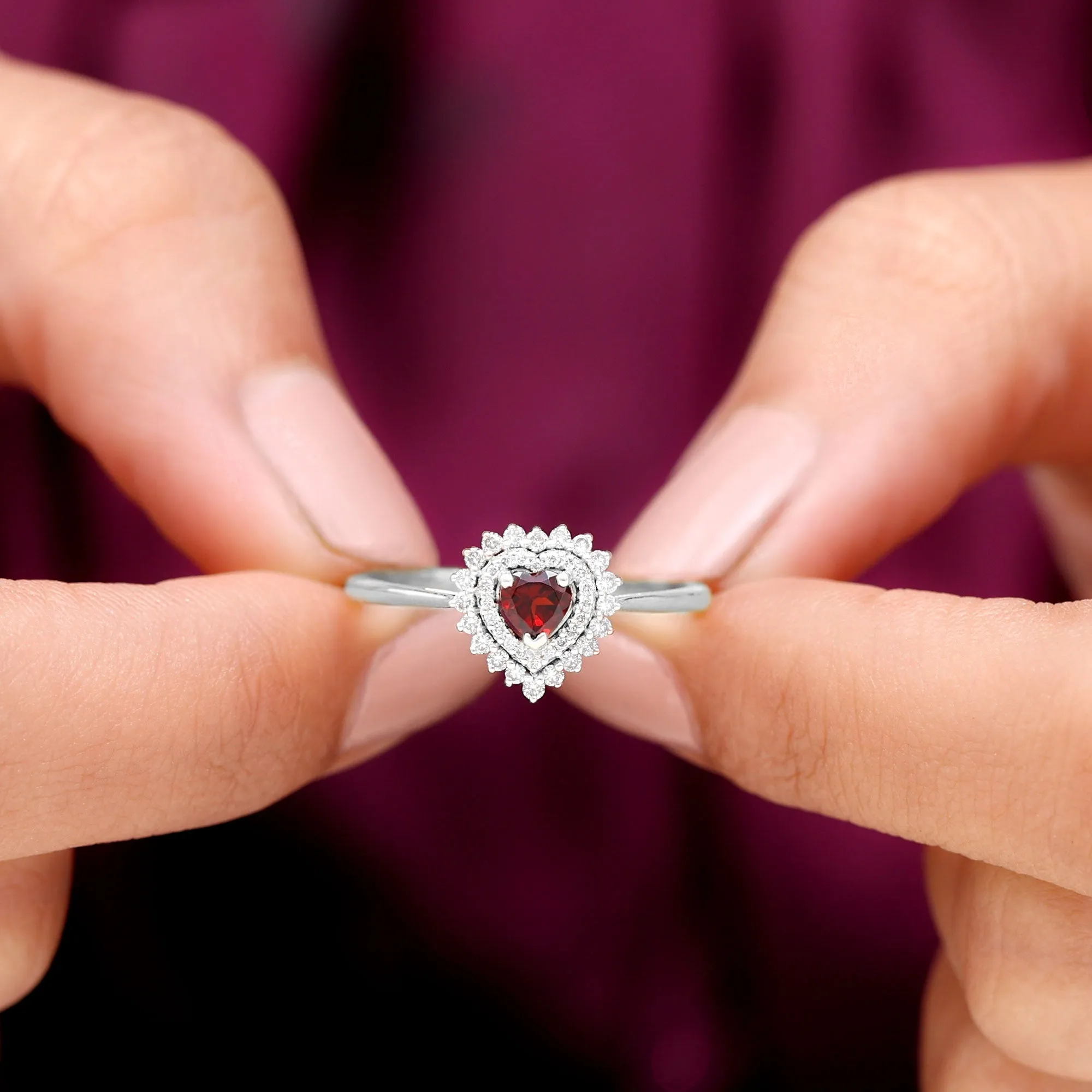 3/4 CT Heart Shape Garnet and Diamond Double Halo Engagement Ring