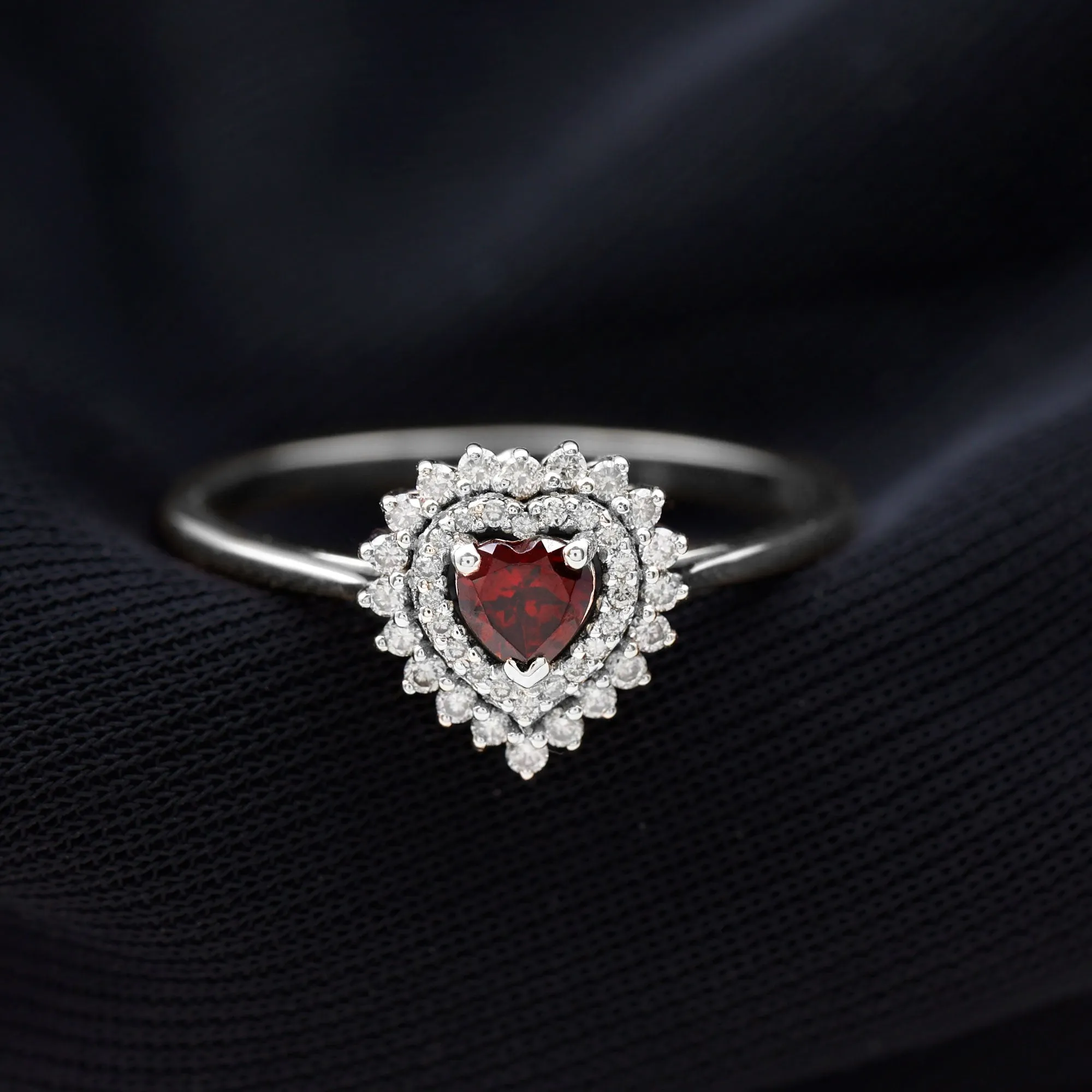 3/4 CT Heart Shape Garnet and Diamond Double Halo Engagement Ring