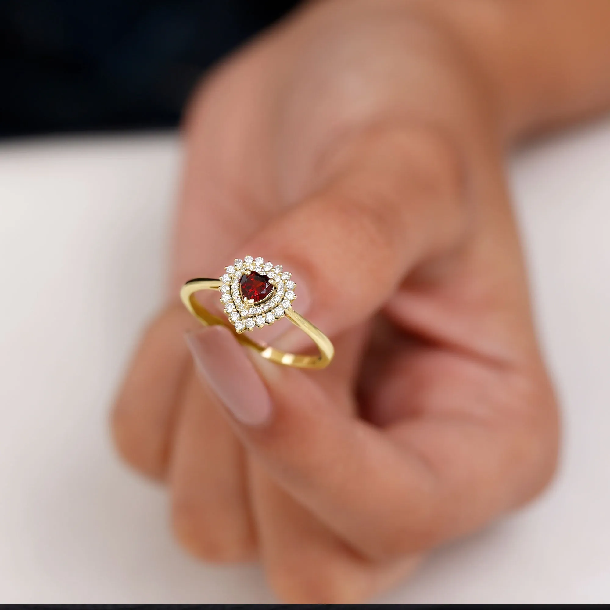3/4 CT Heart Shape Garnet and Diamond Double Halo Engagement Ring