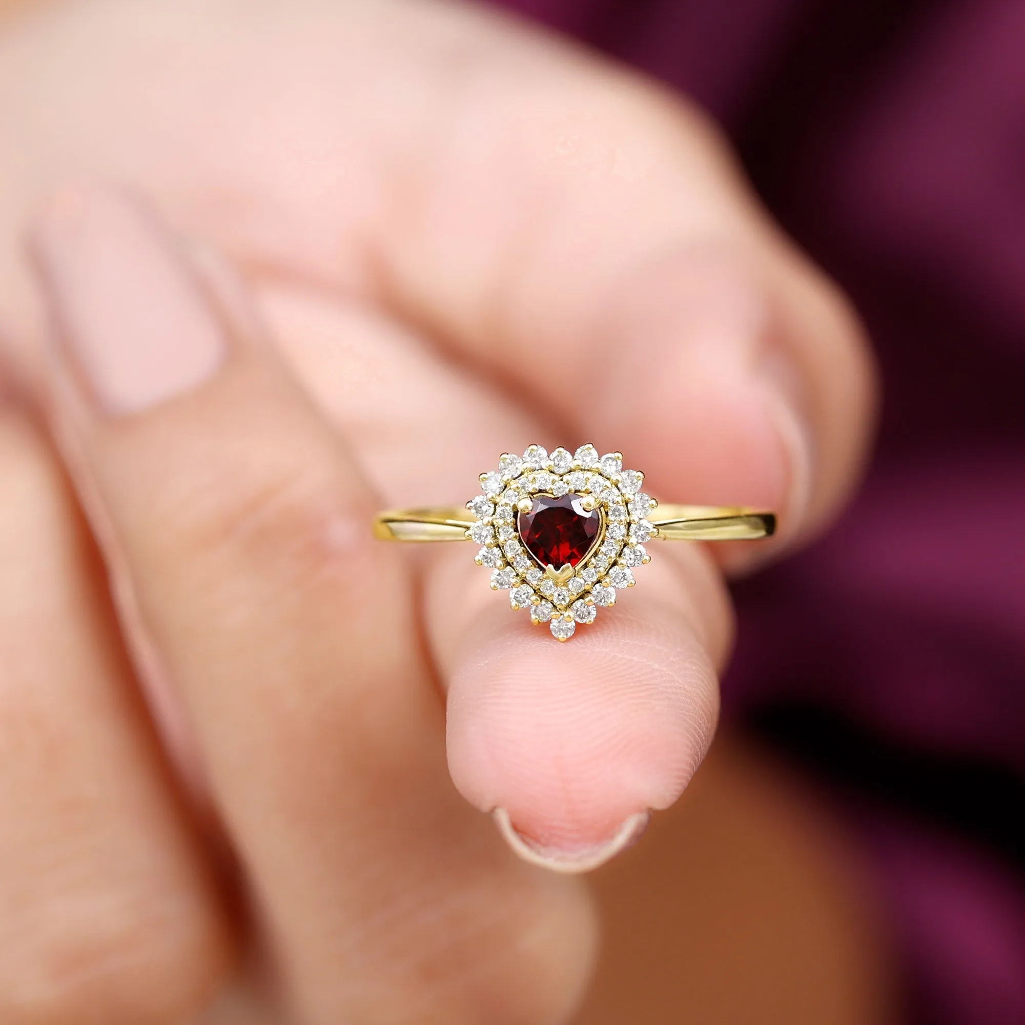 3/4 CT Heart Shape Garnet and Diamond Double Halo Engagement Ring