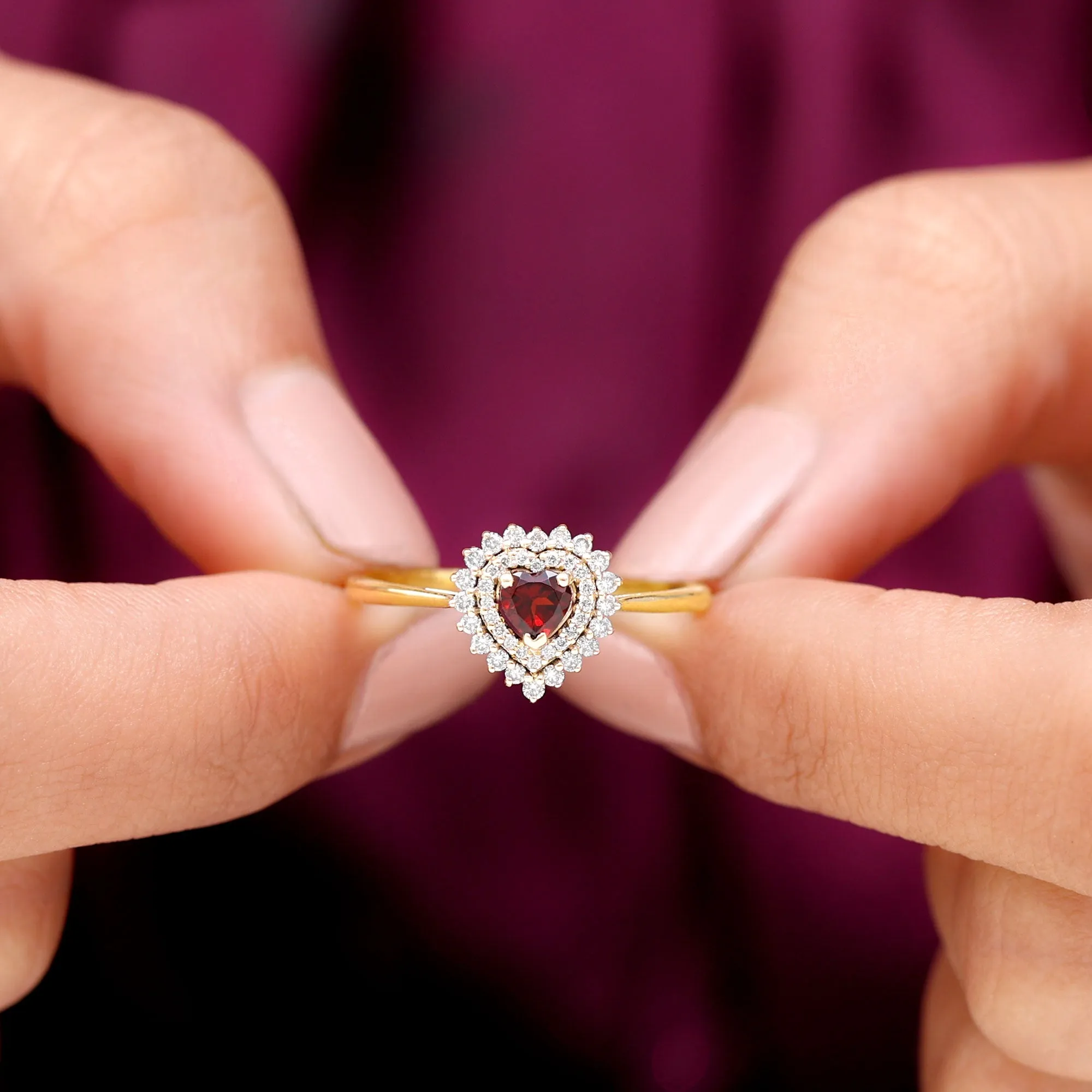 3/4 CT Heart Shape Garnet and Diamond Double Halo Engagement Ring
