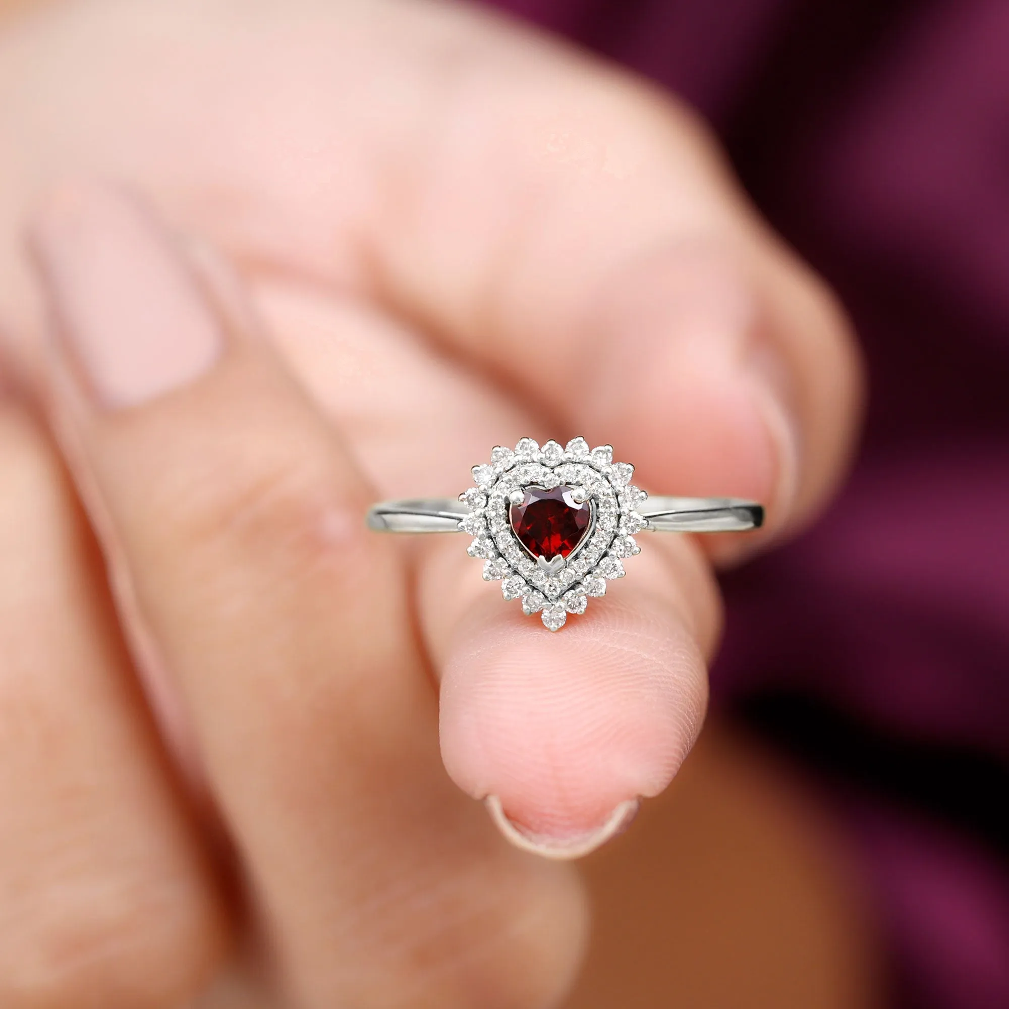 3/4 CT Heart Shape Garnet and Diamond Double Halo Engagement Ring