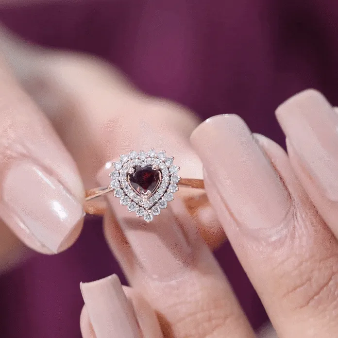 3/4 CT Heart Shape Garnet and Diamond Double Halo Engagement Ring