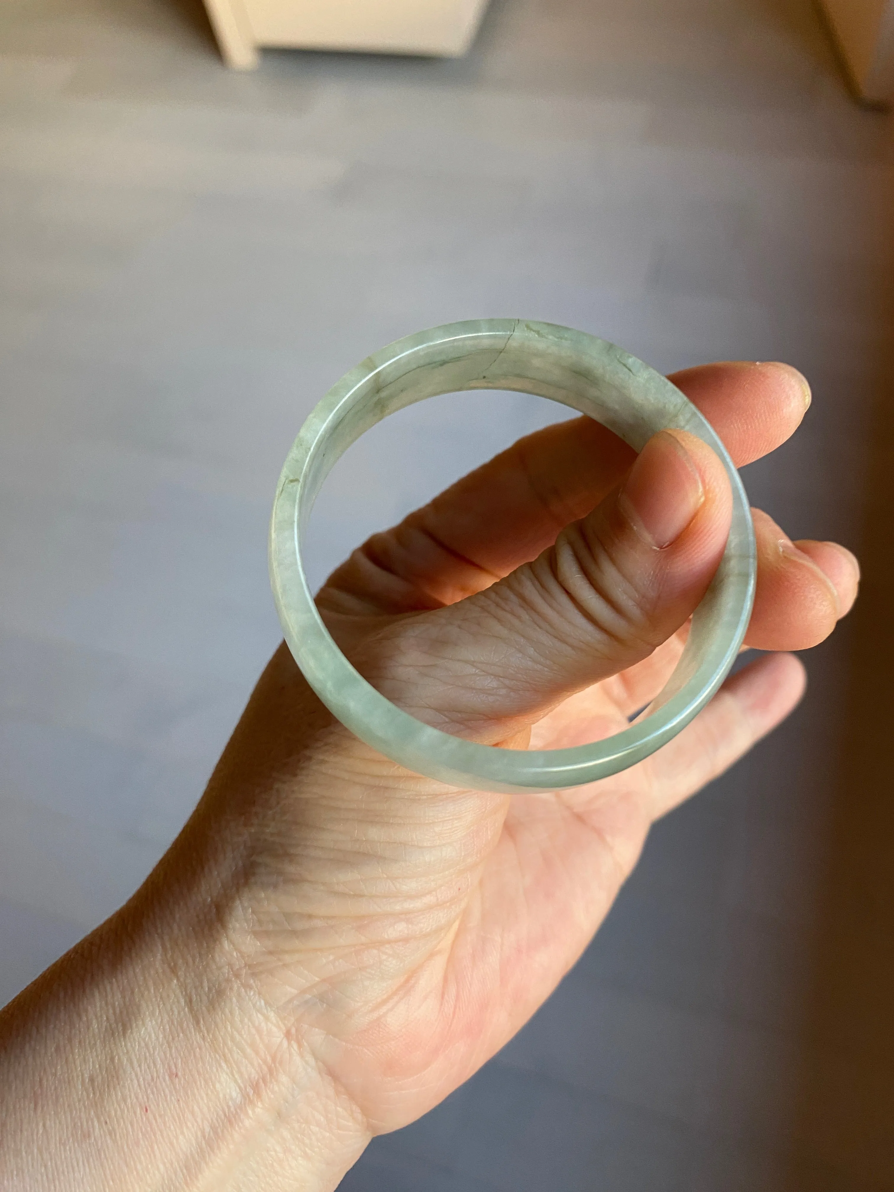 49.5mm Certified Type A 100% Natural icy watery light green/gray/black thin Jadeite Jade bangle AY79-3208