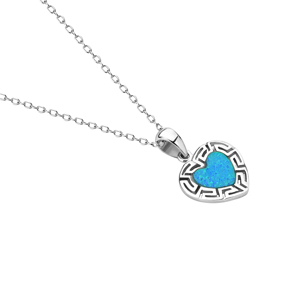 925 Sterling Silver Blue Turquoise-Tone Simulated Opal Love Heart Greek Key Pendant Necklace