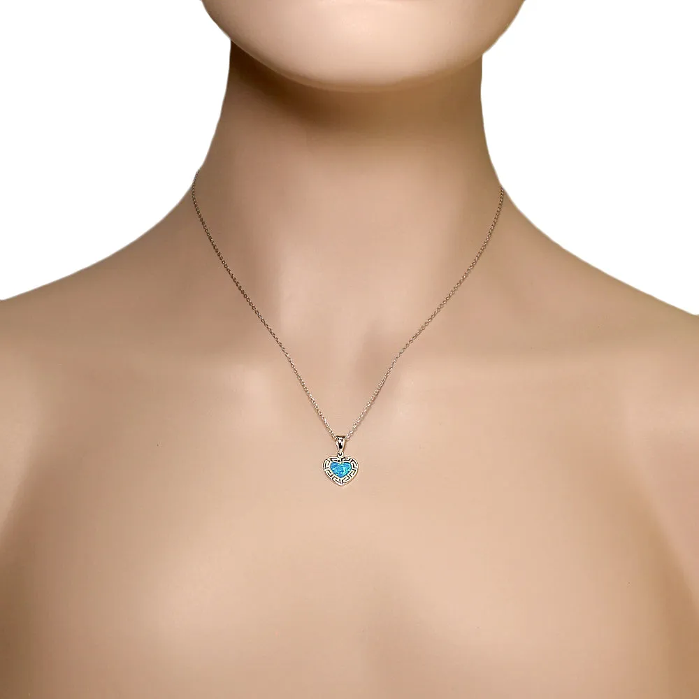 925 Sterling Silver Blue Turquoise-Tone Simulated Opal Love Heart Greek Key Pendant Necklace