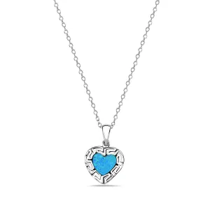 925 Sterling Silver Blue Turquoise-Tone Simulated Opal Love Heart Greek Key Pendant Necklace