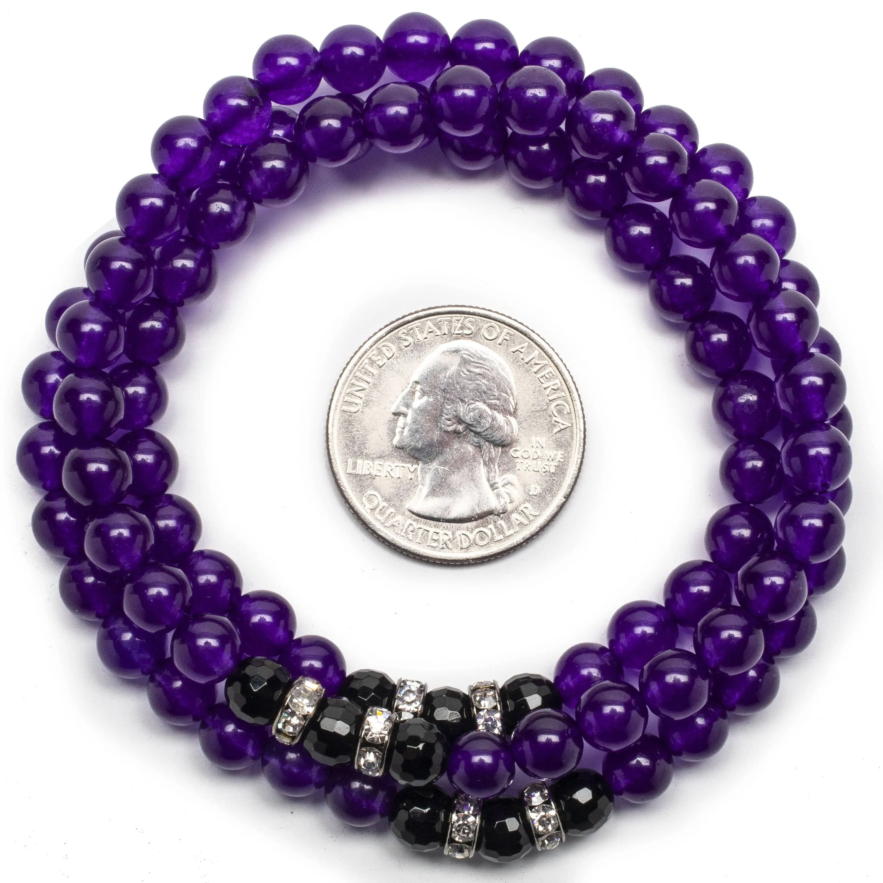 Amethyst 6mm with Black Agate and Crystal Accent Beads Triple Wrap Elastic Gemstone Bracelet