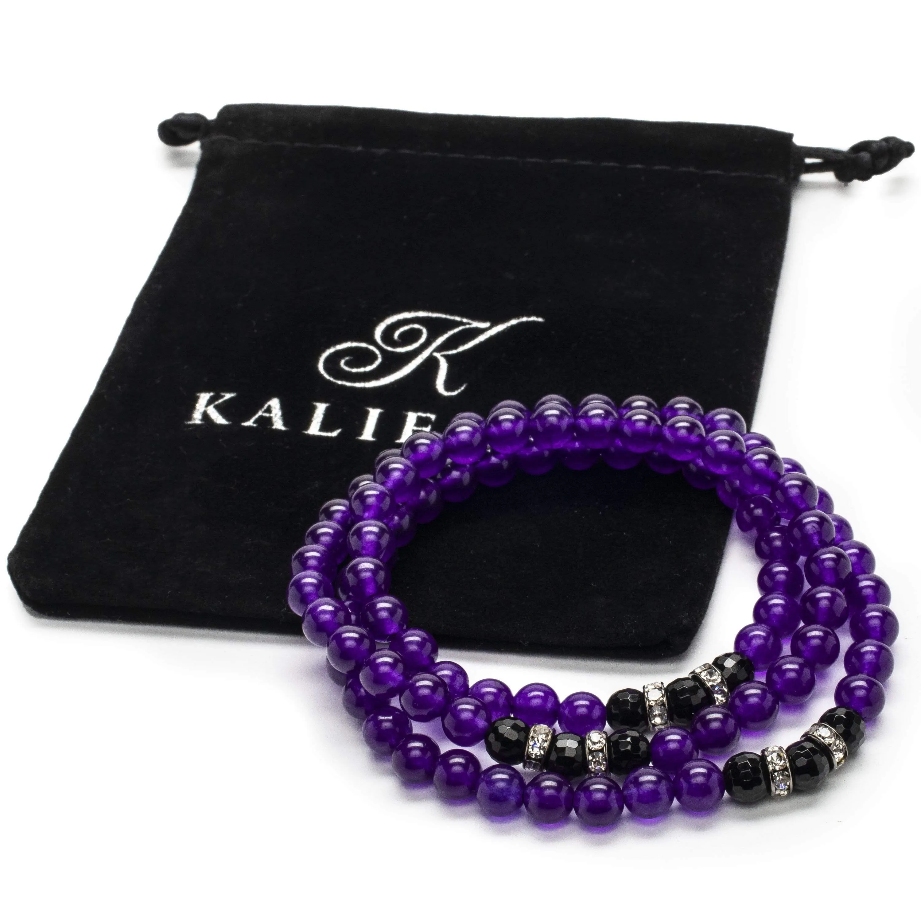 Amethyst 6mm with Black Agate and Crystal Accent Beads Triple Wrap Elastic Gemstone Bracelet