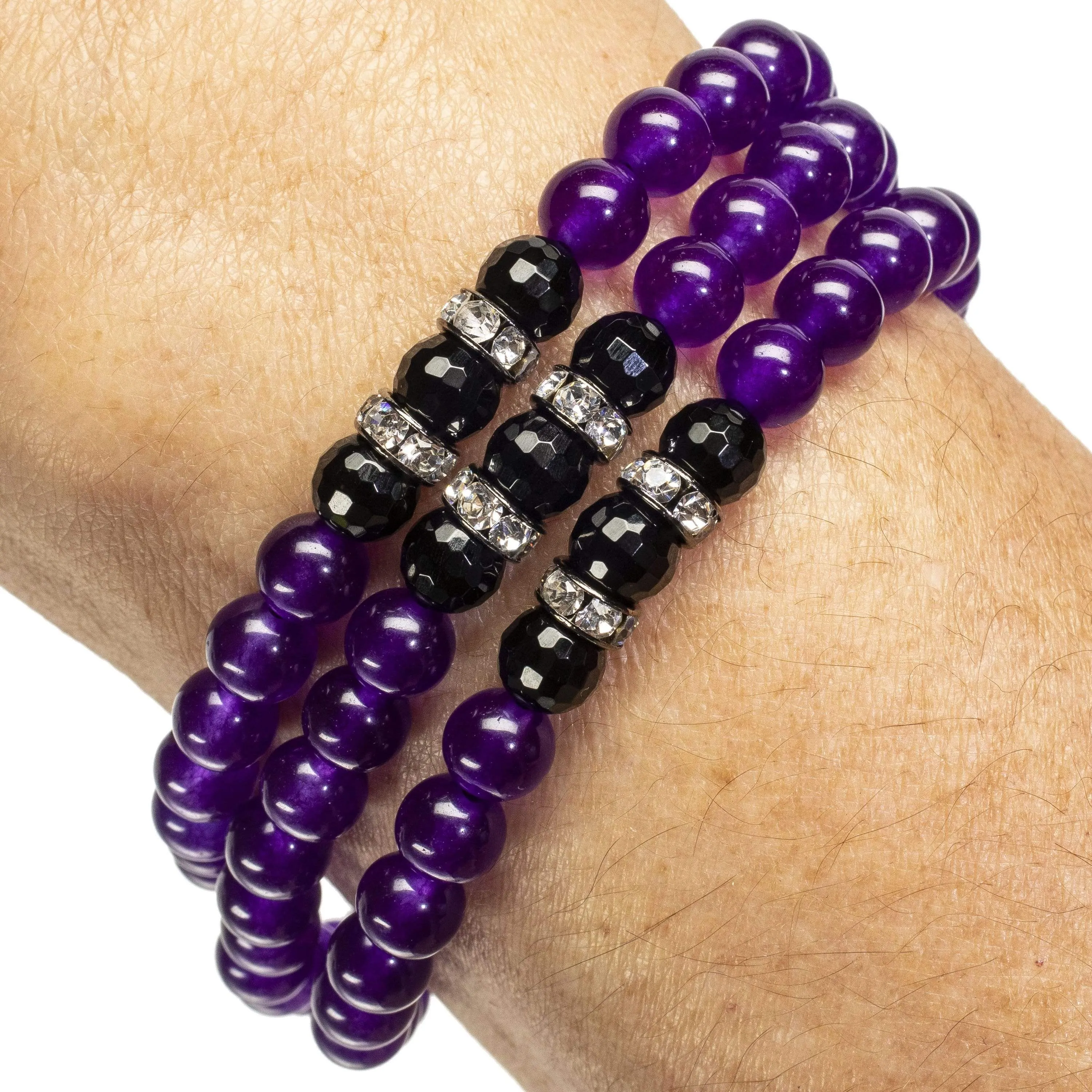 Amethyst 6mm with Black Agate and Crystal Accent Beads Triple Wrap Elastic Gemstone Bracelet