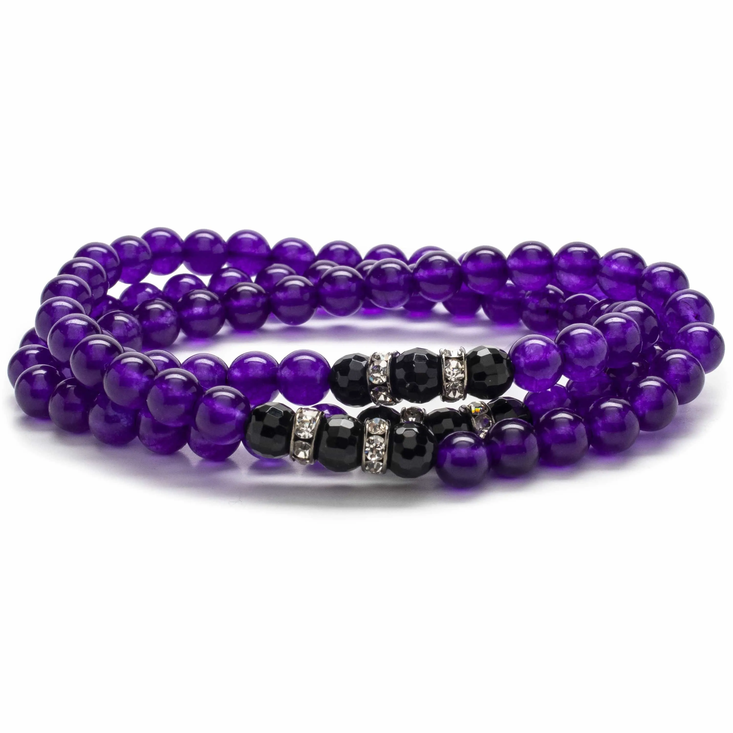 Amethyst 6mm with Black Agate and Crystal Accent Beads Triple Wrap Elastic Gemstone Bracelet