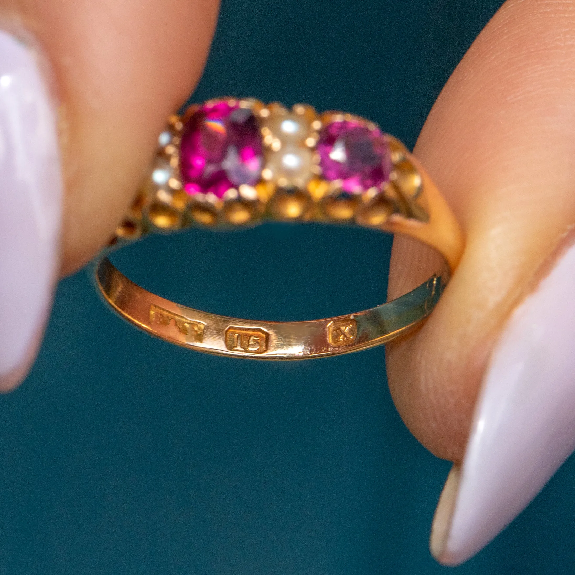 Antique 15ct Gold Garnet & Pearl Boat Ring, 0.95ct