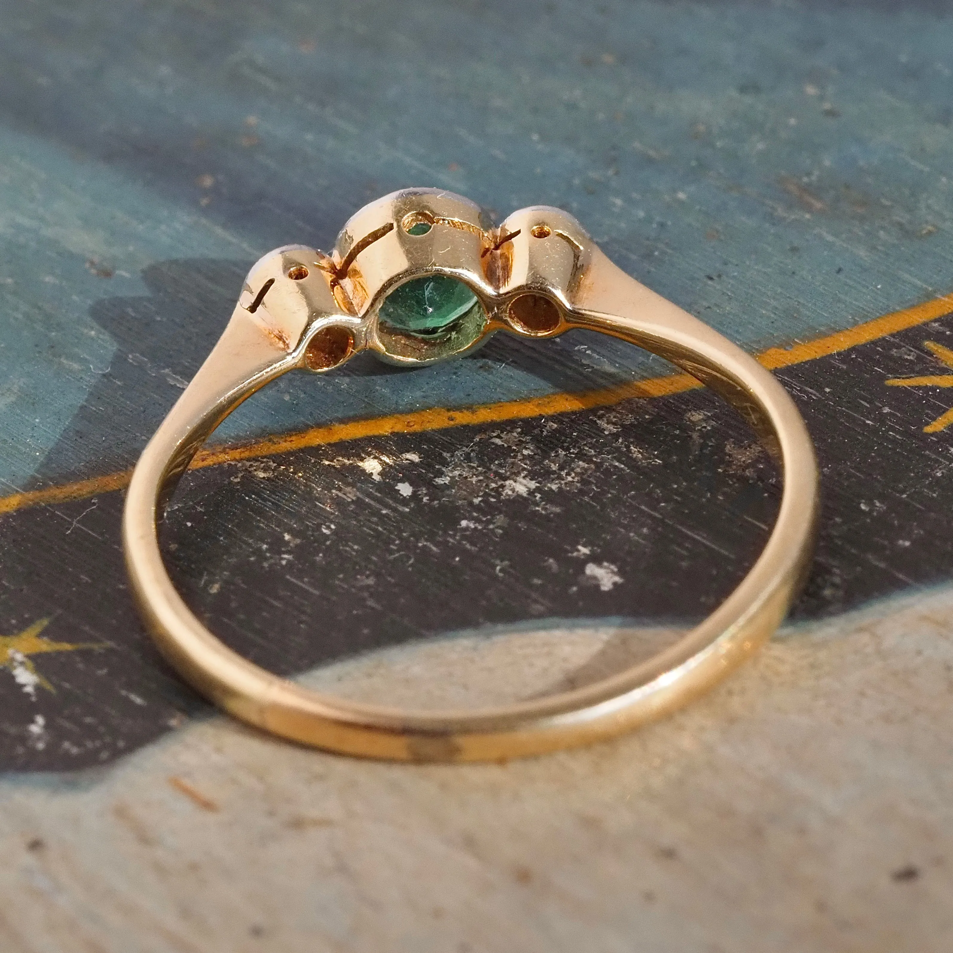 Antique Edwardian Emerald and Old Mine Cut Diamond Trilogy Platinum and 18k Gold Ring