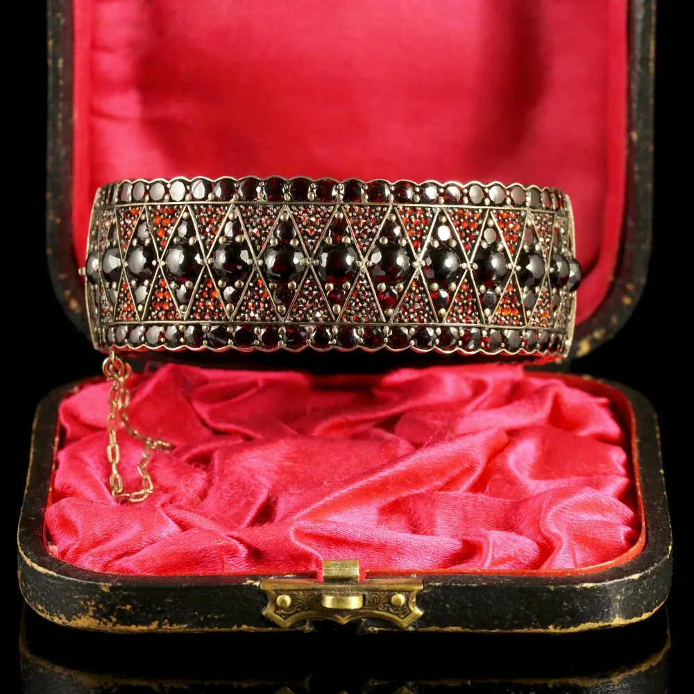 Antique Victorian Bohemian Garnet Bangle Boxed Circa 1880