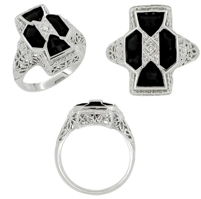 Art Deco Filigree Happy Family 4 Stone Black Onyx and Diamond Filigree Ring in 14 Karat White Gold