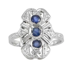Art Deco Filigree Three Stone Blue Sapphires Cocktail Statement Ring in 14 Karat White Gold
