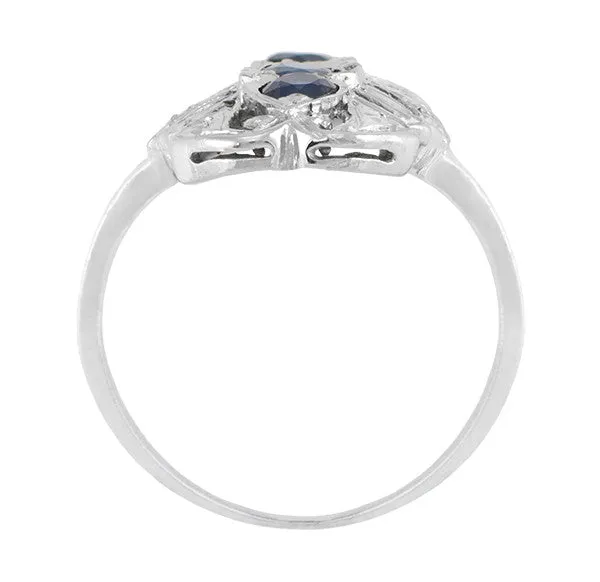 Art Deco Filigree Three Stone Blue Sapphires Cocktail Statement Ring in 14 Karat White Gold