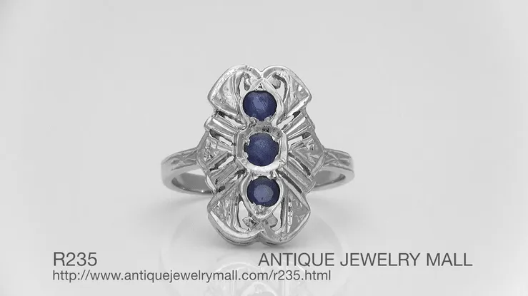 Art Deco Filigree Three Stone Blue Sapphires Cocktail Statement Ring in 14 Karat White Gold