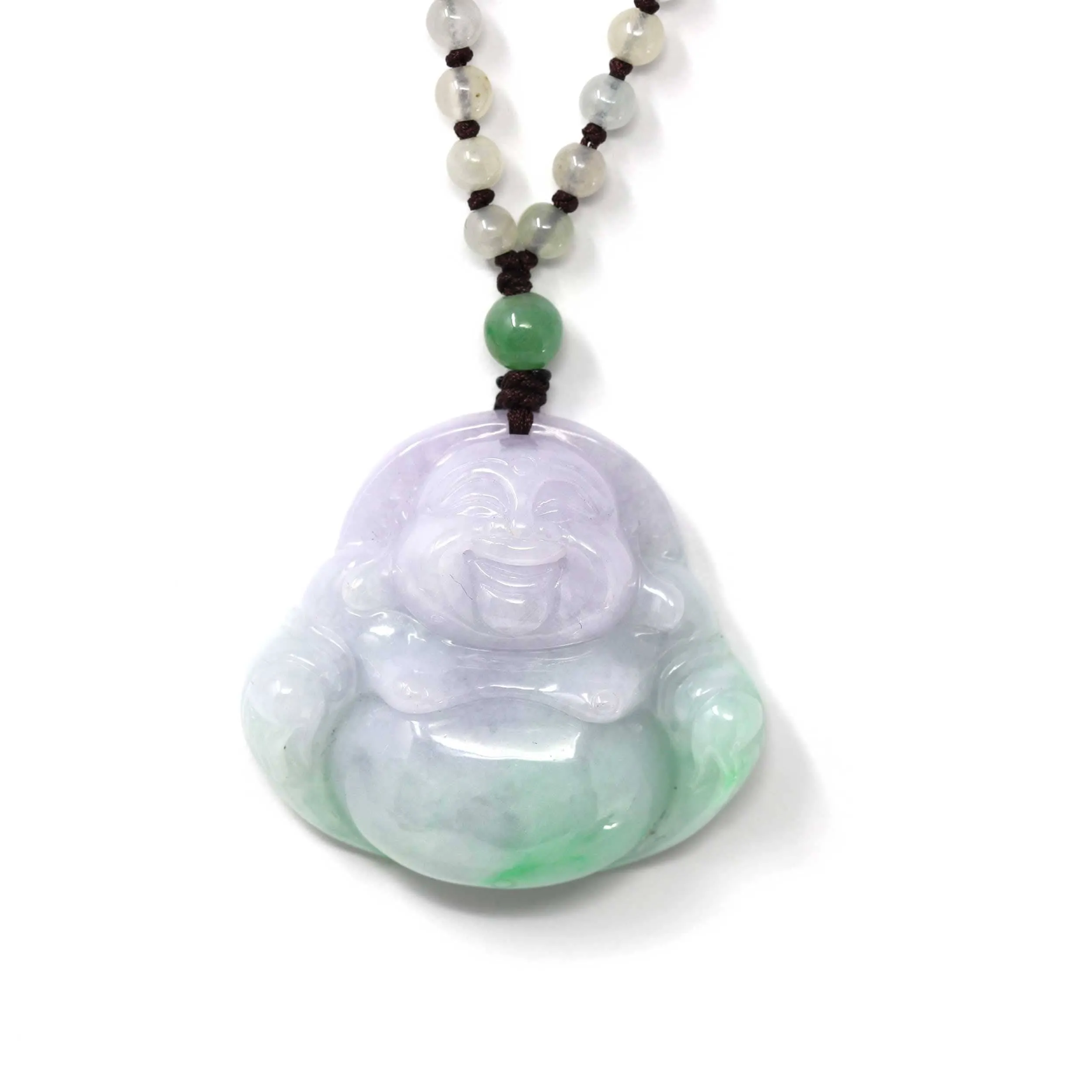 Baikalla™ " Laughing Buddha" Genuine Green and Lavender Jadeite Buddha Pendant Necklace With Jadeite Beads Necklace