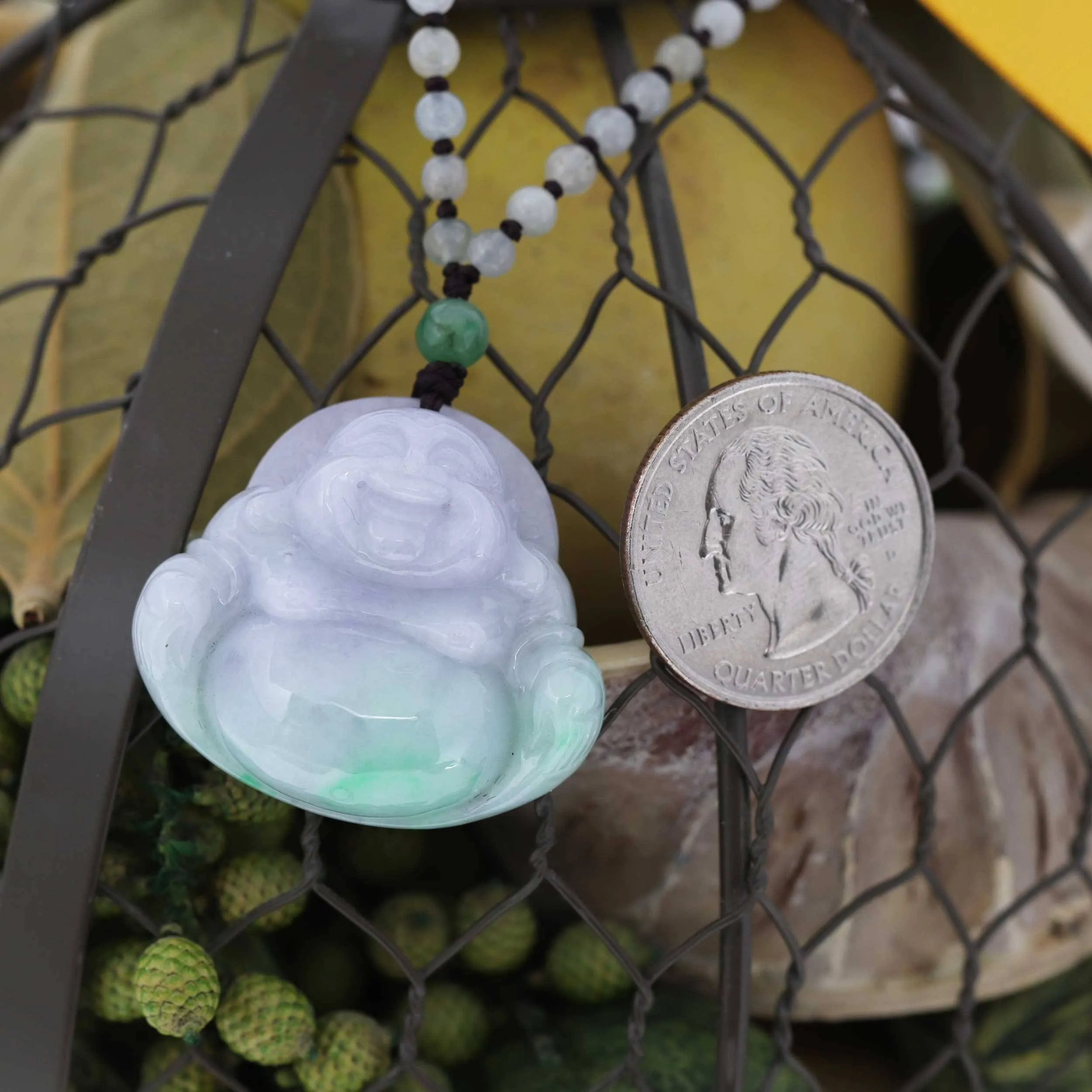 Baikalla™ " Laughing Buddha" Genuine Green and Lavender Jadeite Buddha Pendant Necklace With Jadeite Beads Necklace