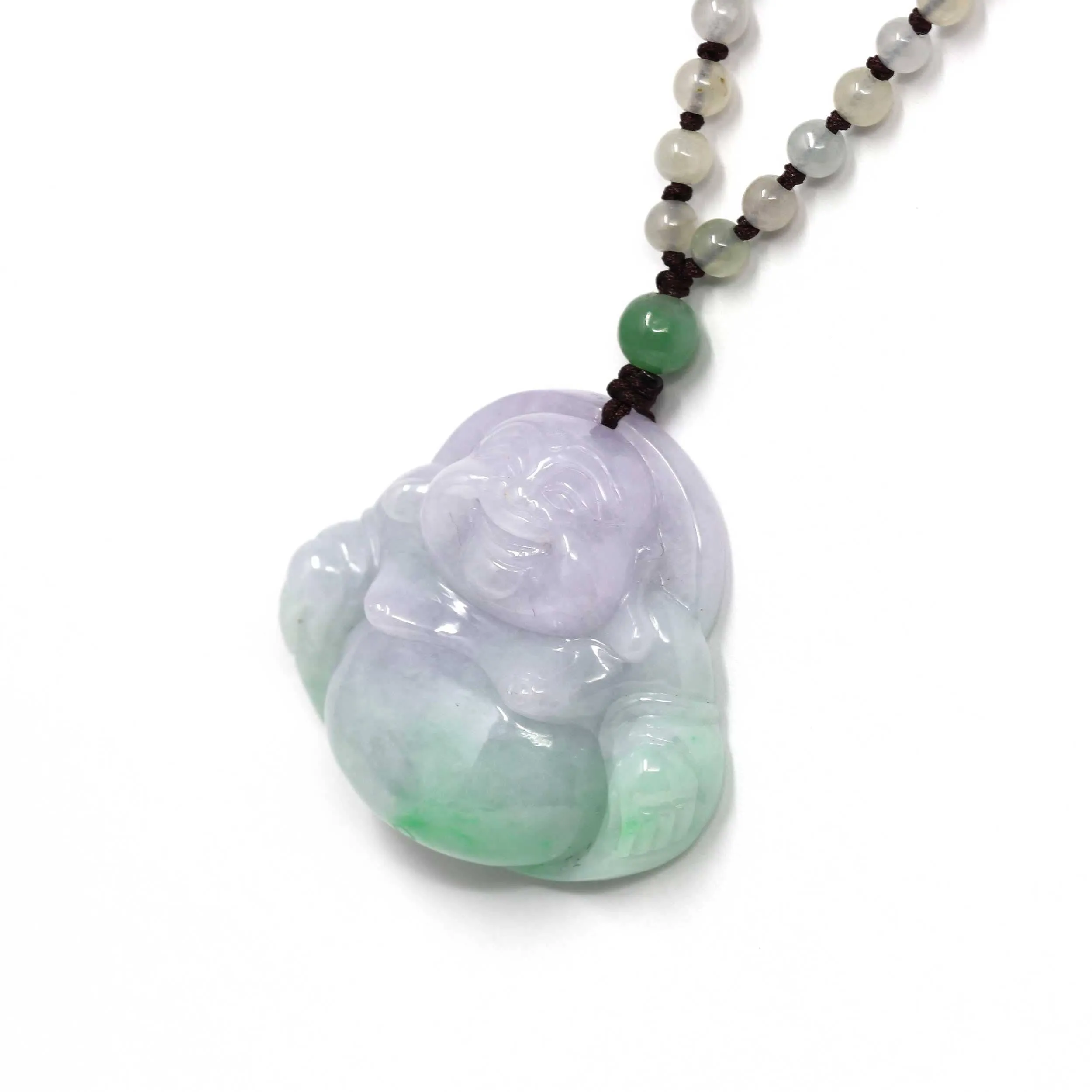 Baikalla™ " Laughing Buddha" Genuine Green and Lavender Jadeite Buddha Pendant Necklace With Jadeite Beads Necklace