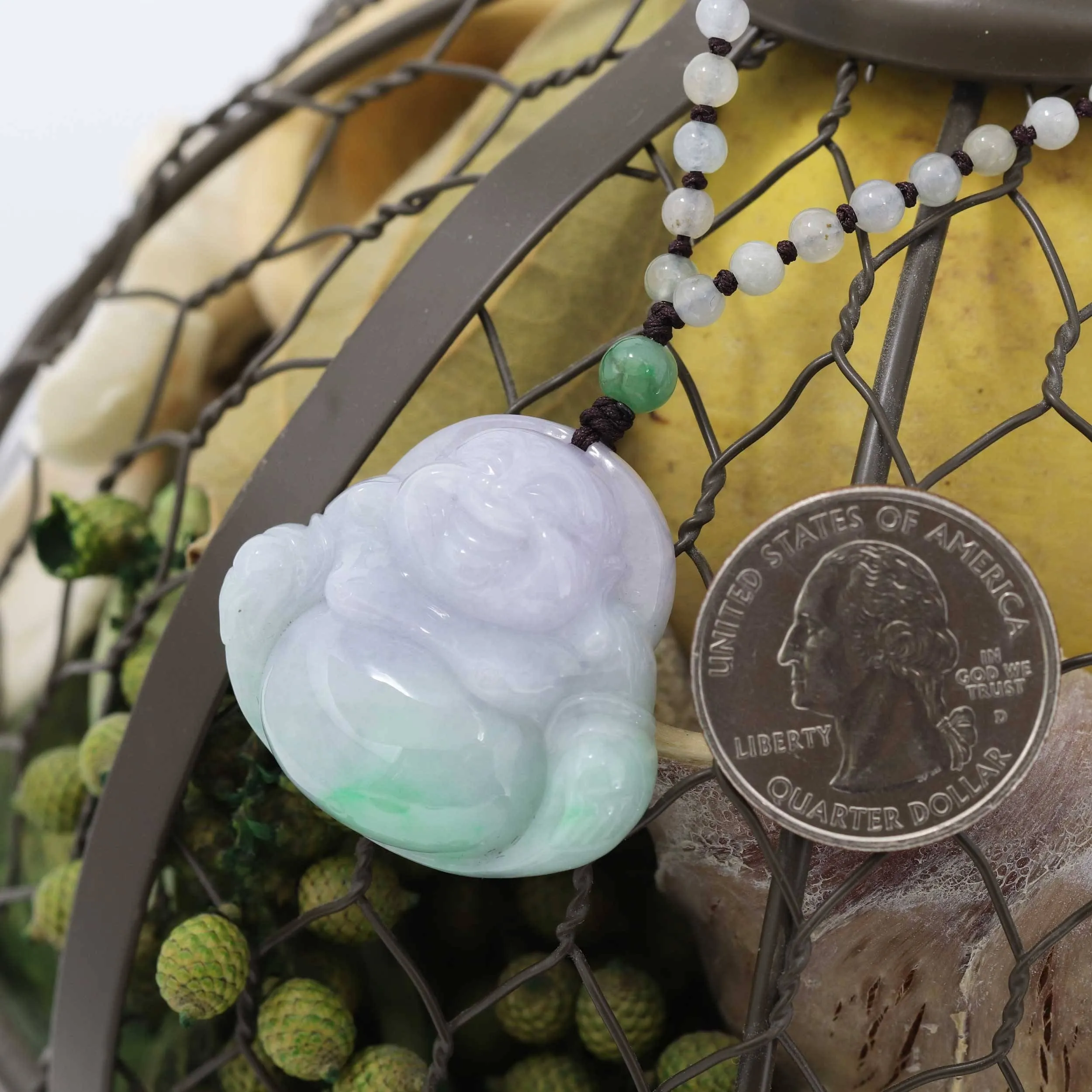 Baikalla™ " Laughing Buddha" Genuine Green and Lavender Jadeite Buddha Pendant Necklace With Jadeite Beads Necklace