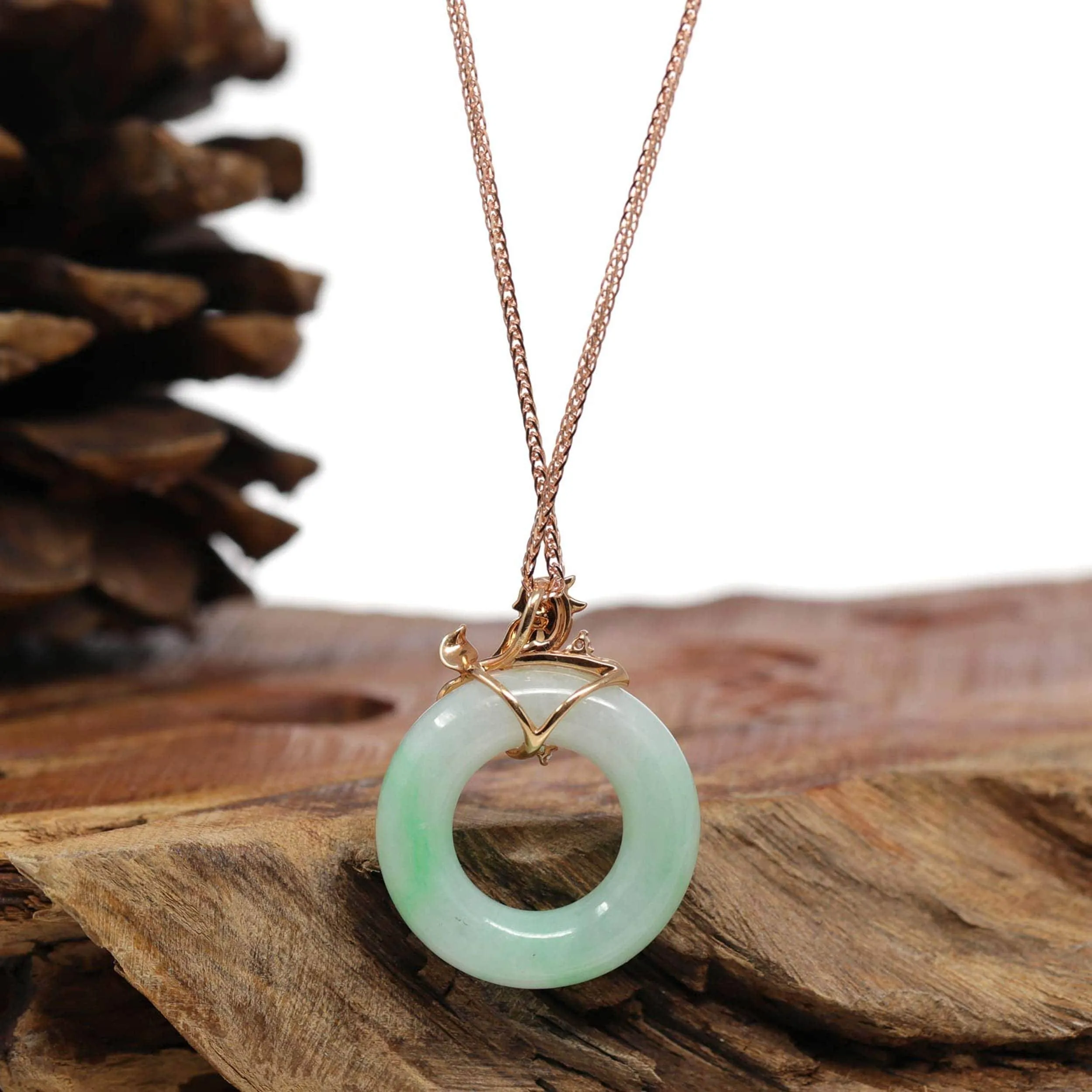 Baikalla™ "Good Luck Birdie" 18k Rose Gold Genuine Burmese Jadeite Lucky Pendant Necklace With Diamond