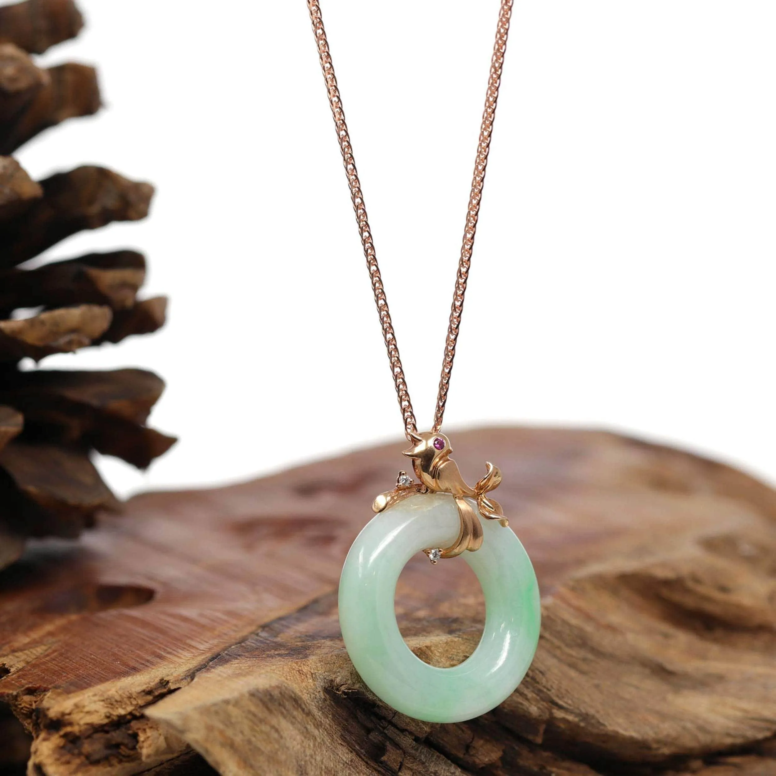 Baikalla™ "Good Luck Birdie" 18k Rose Gold Genuine Burmese Jadeite Lucky Pendant Necklace With Diamond