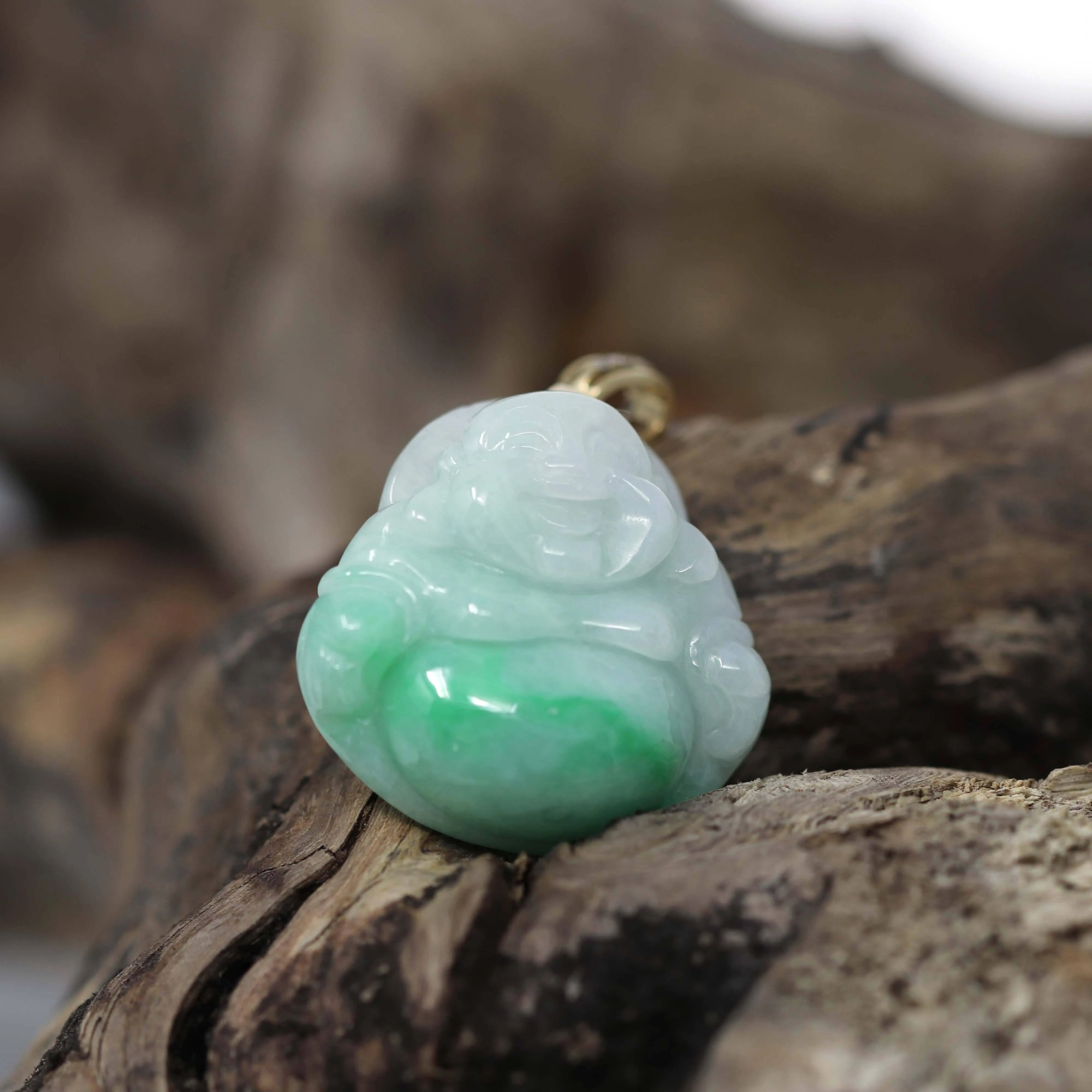 Baikalla™ "Laughing Buddha" Genuine Green Jadeite Buddha Pendant Necklace With 18k Yellow Gold Diamond Bail