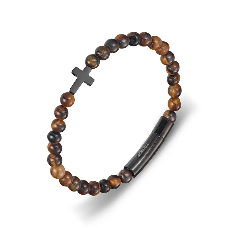 BEADED TIGER EYE CROSS BRACELET