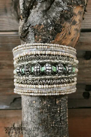 Beige and Silver Metal Bead Wide Wire Flex Bracelet