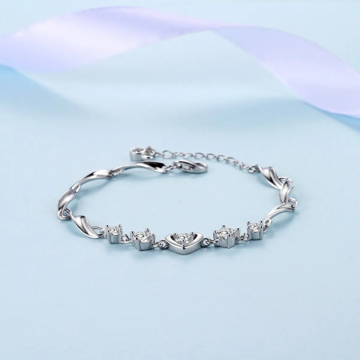 Bezel Heart Round Crystal Curved Chain Bracelet