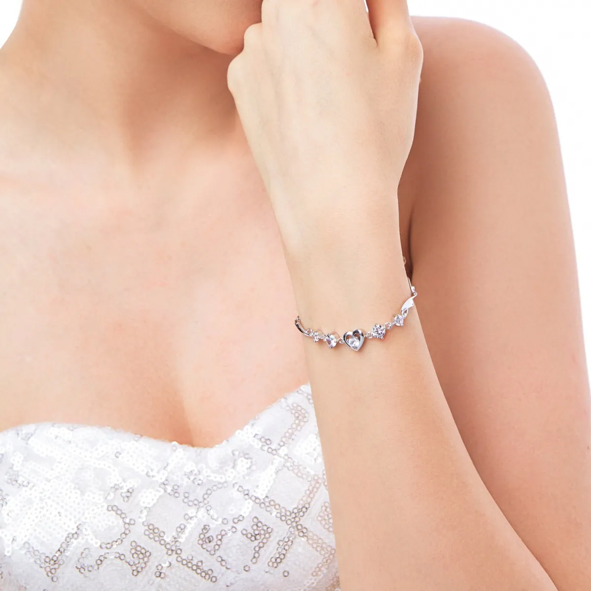Bezel Heart Round Crystal Curved Chain Bracelet