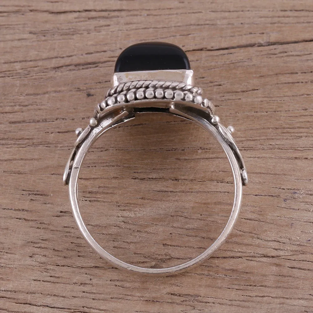 Bezel Set Onyx and Sterling Silver Cocktail Ring - Block Party | NOVICA