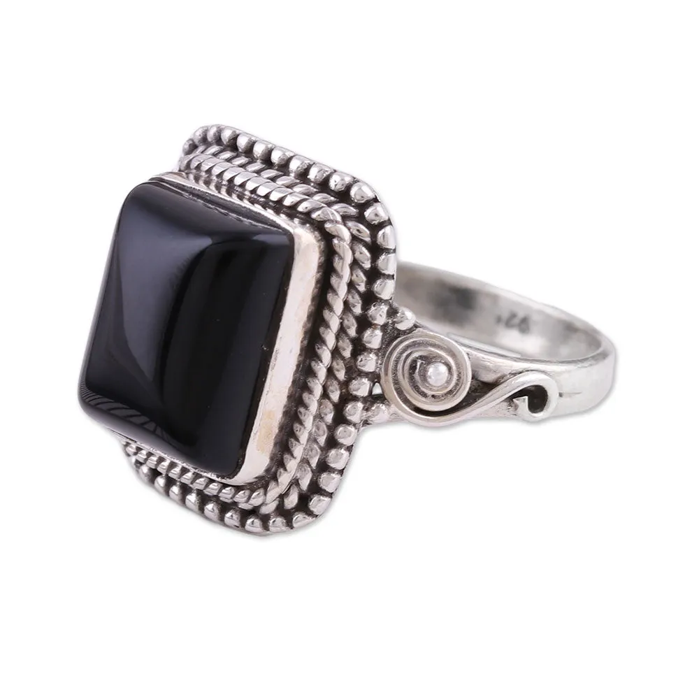Bezel Set Onyx and Sterling Silver Cocktail Ring - Block Party | NOVICA