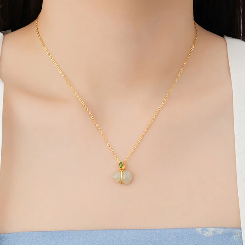 Buddha Stones 925 Sterling Silver Hetian Jade Gourd Abundance Necklace Pendant