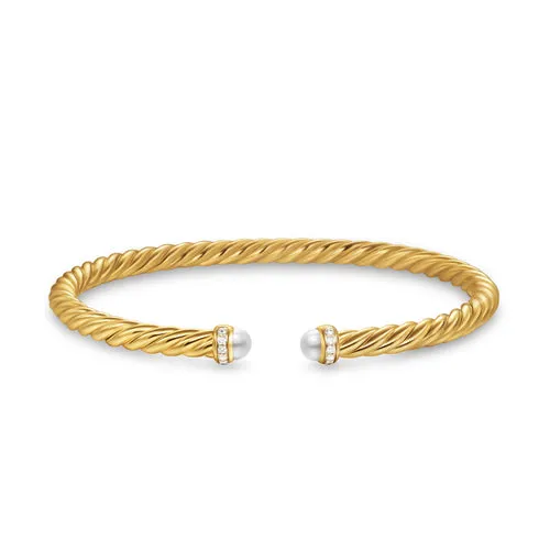 Cablespira Flex Bracelet in 18K Yellow Gold with Pearls and Diamonds, 4mm, Size Medium