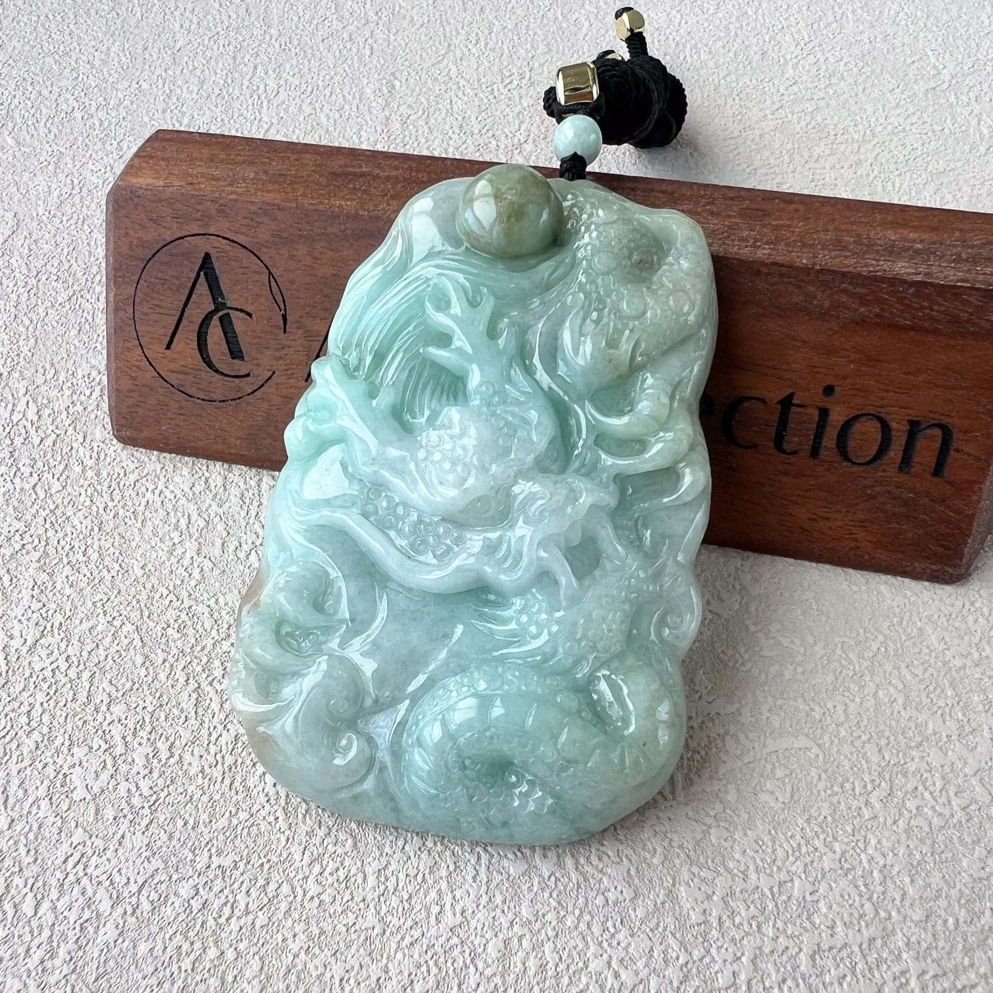 Celestial Dragon Jade Orb Pendant, Green Jadeite Jade Dragon Hand Carved Pendant, YJ-0522-0395642