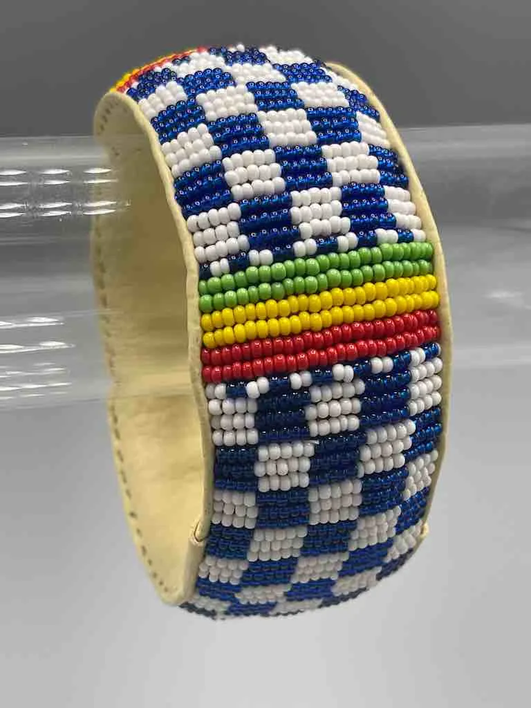 Checkerboard Design Wide Beaded Leather Bracelet - Mali