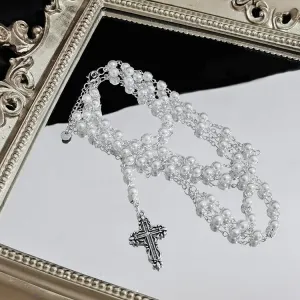 Cross Charm White Beaded Bracelet